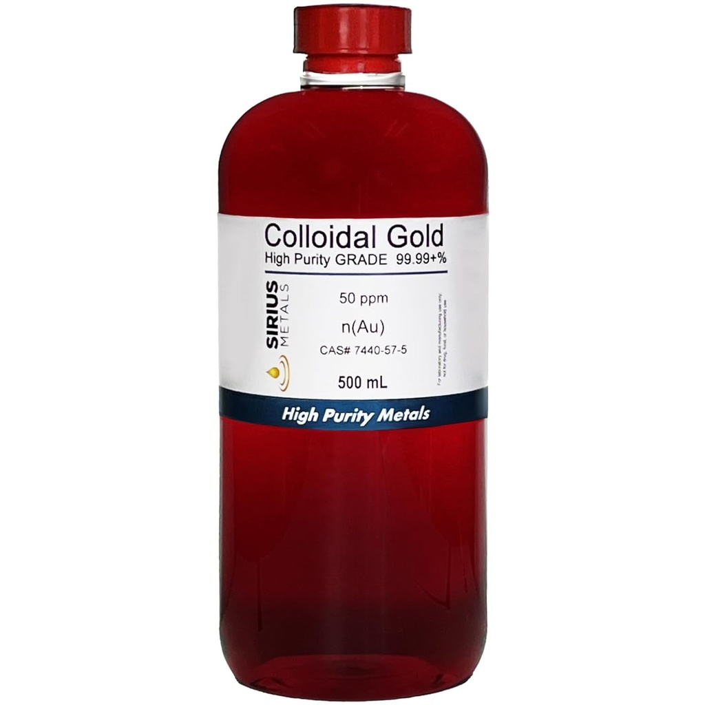 Verdadeiro ouro coloidal - 50 ppm - 99,99 + % Pureza - 500 ml (16.9 Fl Oz) em garrafa de plástico transparente BPA-Free - Made in USA