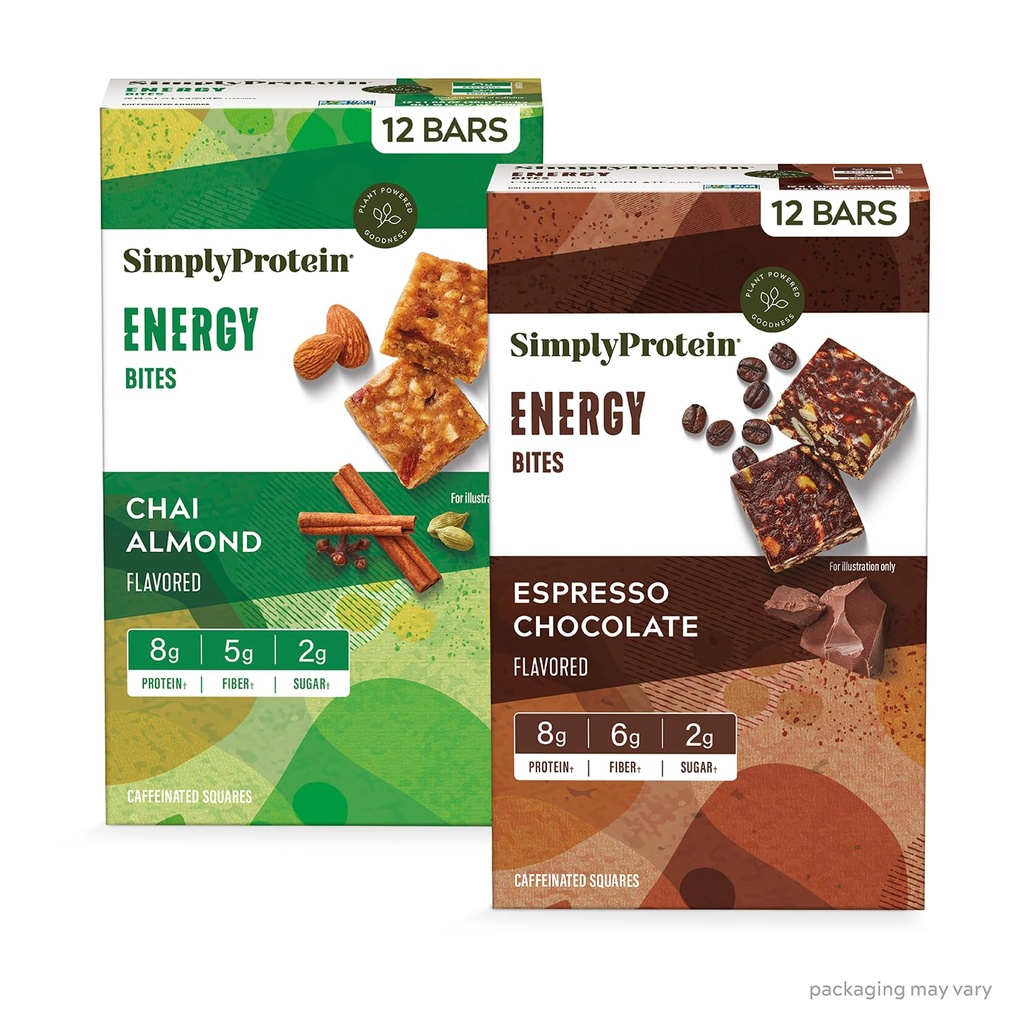 Simplesmente proteína - Energy Bites Variety Pack, 24 Bares - Quadrados Cafeinados à Base de Planta - 55mg Cafeína - Energia Boost - 8g Proteína, 2g Açúcar, 5-6g Fibra, 120-130 Calorias - Vegan, Glúten Livre, Não OGM