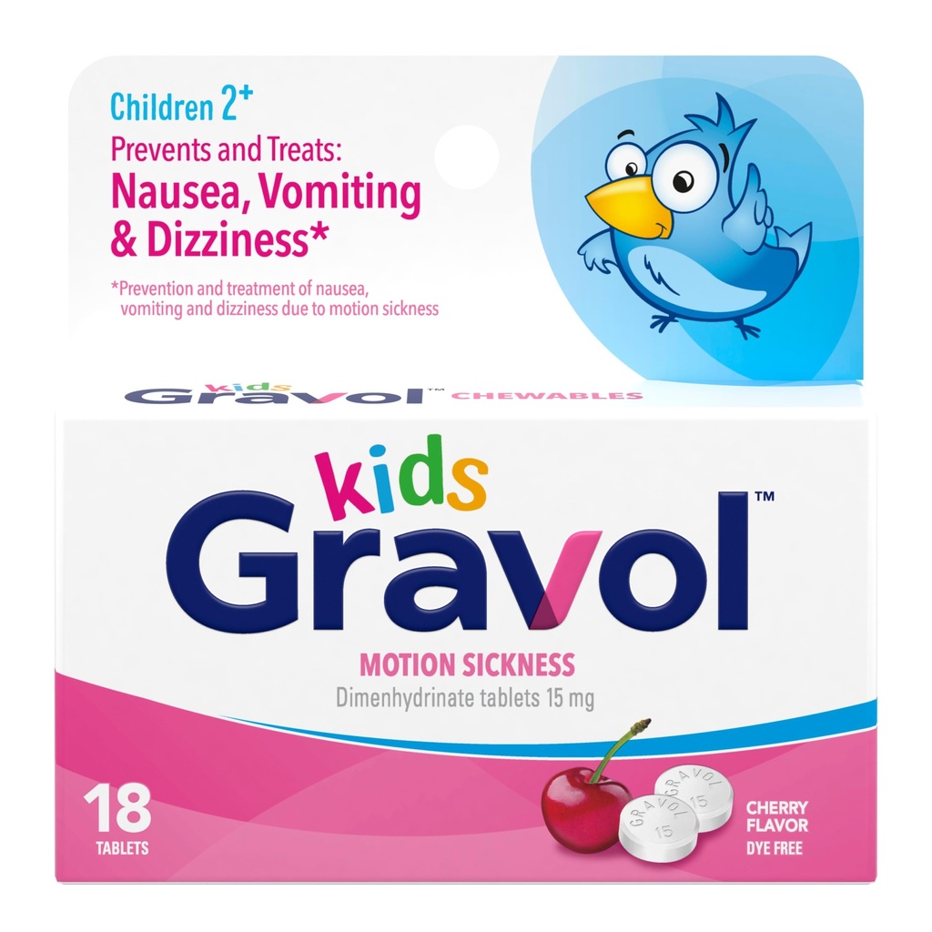 Gravol Kids Chewable Tablets for Nausea, Chateado Estômago e Movimento Alívio de Doença, Tingimento Livre, Cherry Flavor, Idade 2 a 12, 18ct