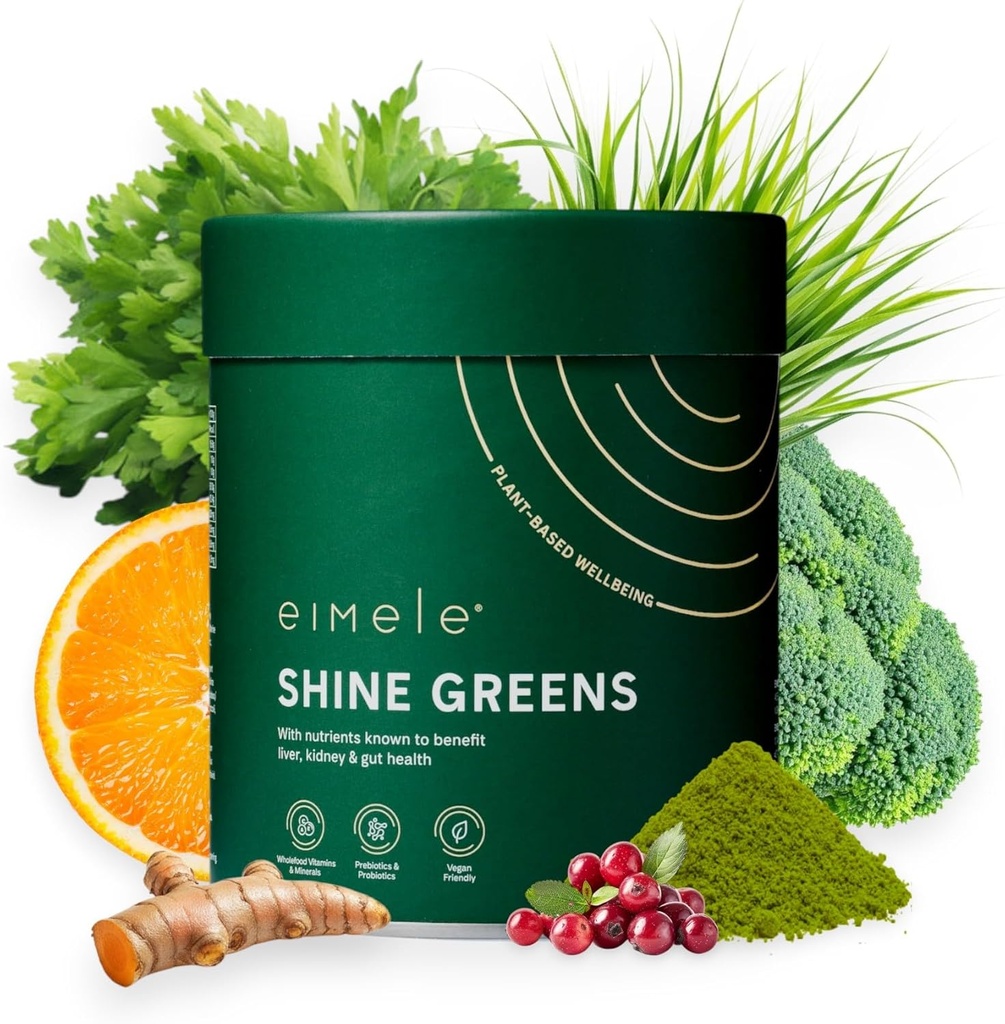 eimele □ Verdes brilhantes □ Verdes Superalimentares Baseados em Plantas Pó para Gut Health □ Suporta Energia, Digestão e Imunidade □ Embalados com antioxidantes, nutrientes essenciais e probióticos