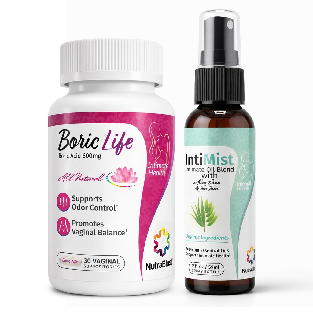 Supositórios Vaginais de Ácido Bórico NutraBlast 600mg (contagem de 30 mg) w/Intimista Óleos Essenciais Mistura de Spray (2 fl oz)