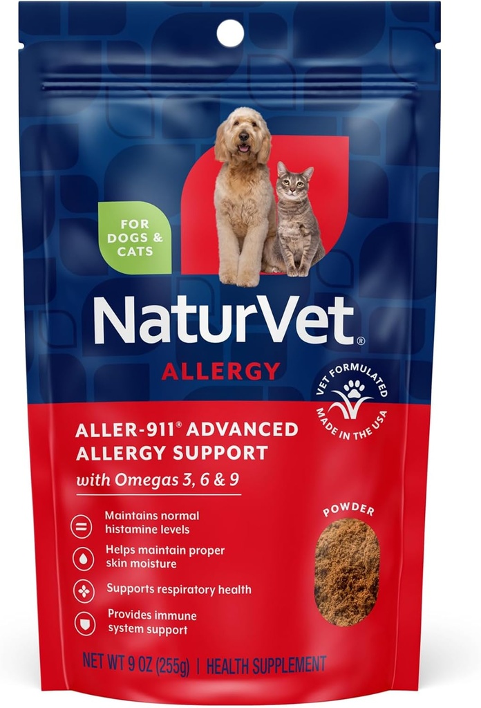 NaturVet Aller-911 Advanced Allergy Aid Formula Powder Plus Antioxidantes para cães e gatos, 9 oz Powder, Made in the USA