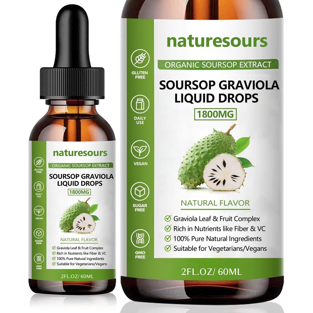 Naturesours 100% Puro extrato de azedo orgânico, Soursop Graviola líquido gotas 1800MG, Orgânica Pura folhas de azedo e extrato de fruta, Açúcar / Gluten livre, 2 FL.OZ (1)