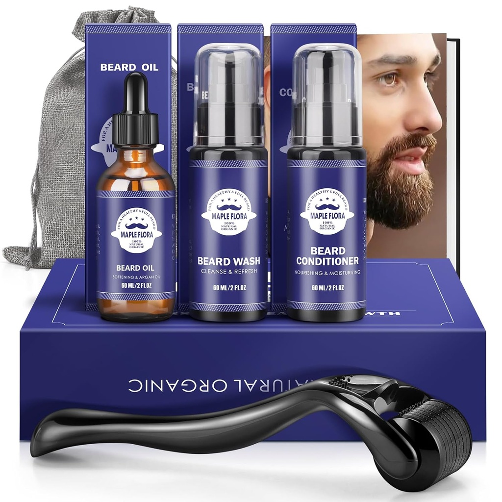 Kit de presente de barba - Óleo,Lava,Condicionador, Rolo (comprimento necessário: 0.25mm) para barba, saco de armazenamento, Presentes de bigode definido para namorado Marido Pais pai ele