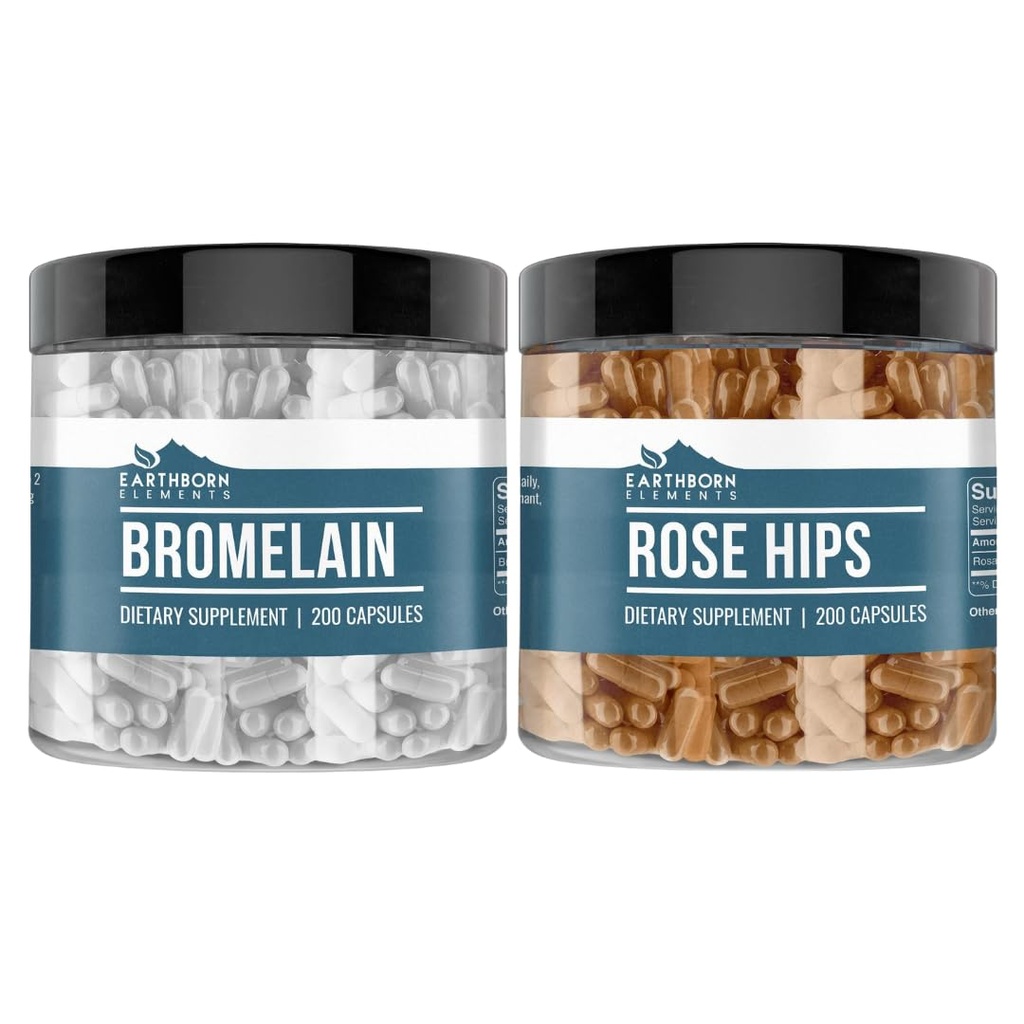Elementos nascidos na Terra Rose HIPS & Bromelain Cápsula Bundle (200 Cápsulas Cada), Puro e não diluído, Sem aditivos