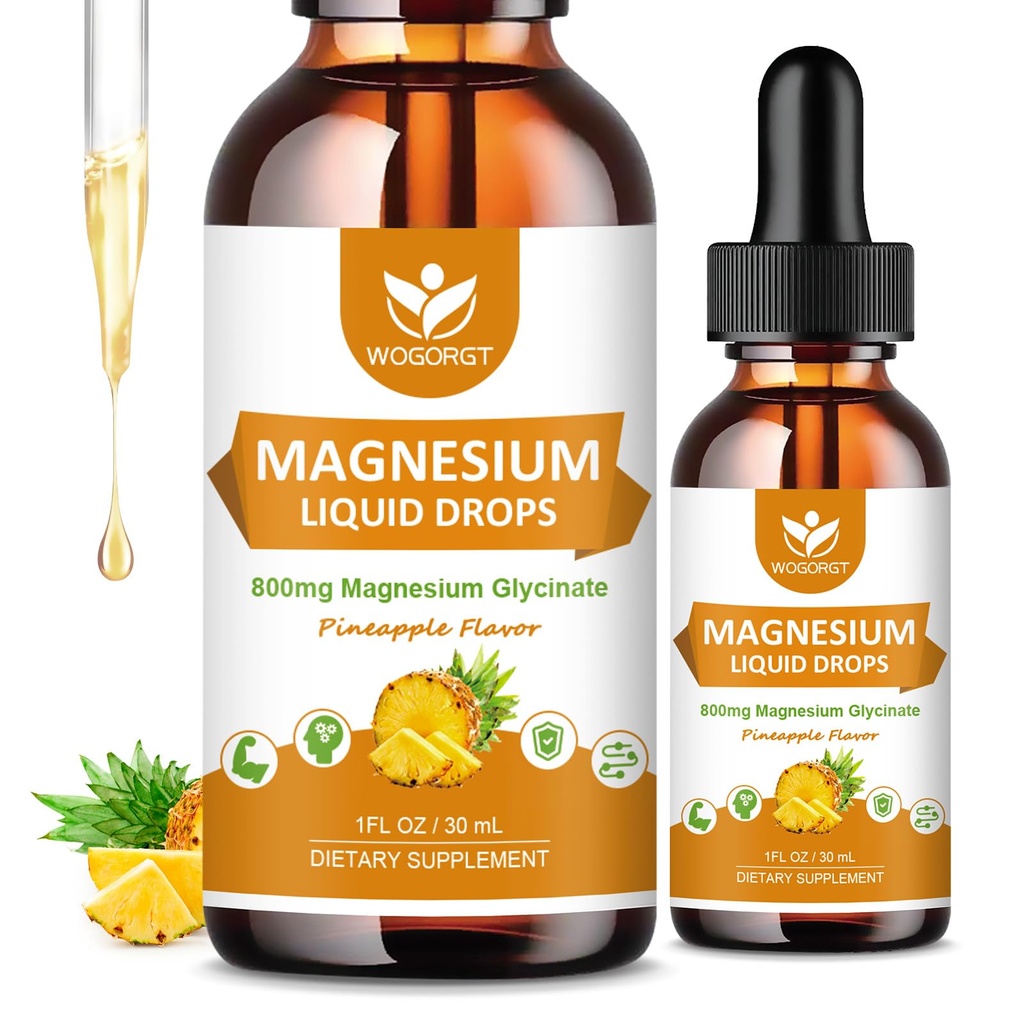 Gotas Líquidas de Glicenato de Magnésio com Citrato e Taurato - Cognição, Músculo e Foco, Suplemento Complexo de Magnésio Líquido com Vitamina D3, GABA, L-teanina, Sabor de Abacaxi - 1 Fl Oz (2 embalagem)