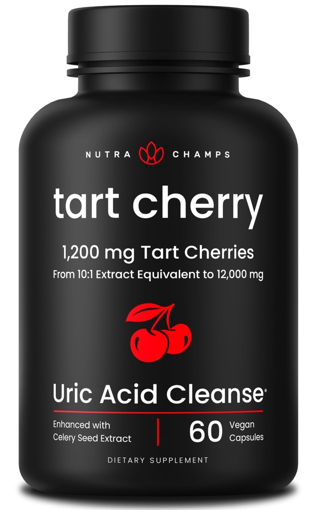 Erva orgânica Cherry Extract Cápsulas 12.000mg - Feito de Montmorency Tart Cherry Concentrado, Sementes de aipo & Bilberry - Ácido Urico Limpeza & Apoio Conjunto - Cápsulas Vegan