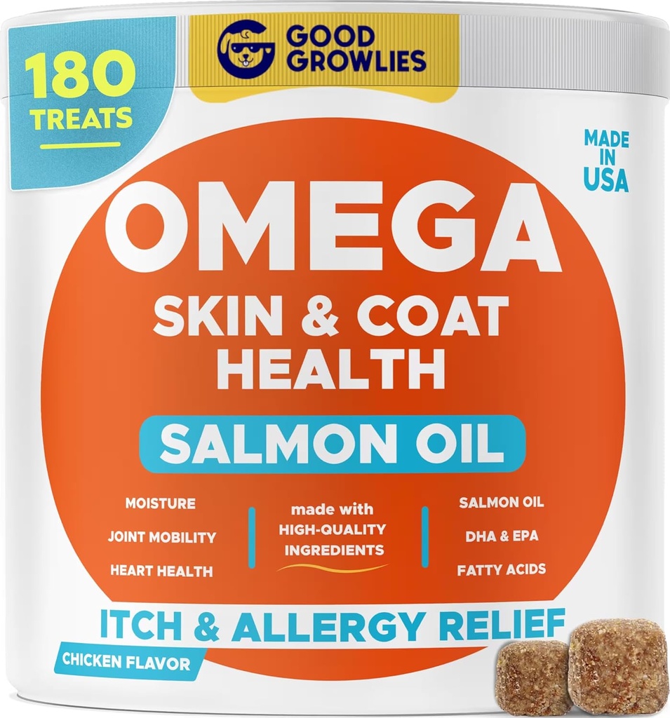 Omega 3 Alaskan Fish Oil Treats for Dogs (180 Ct) - Pele seca e comichão + Alergia - Brasões brilhantes - EPA&DHA Ácidos gordos - Mastigação de óleo de salmão natural - Frango Turquia