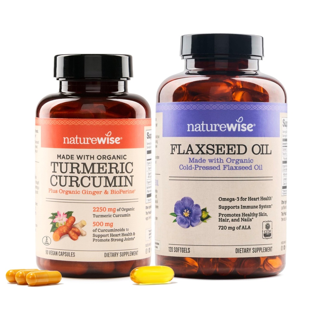NatureWise Curcumin Turmeric 2250mg & Flaxseed Oil 1200mg Omega 3 6 9 Softgels for Joint, Heart & Imune Support [1 & 2 Month Supply]