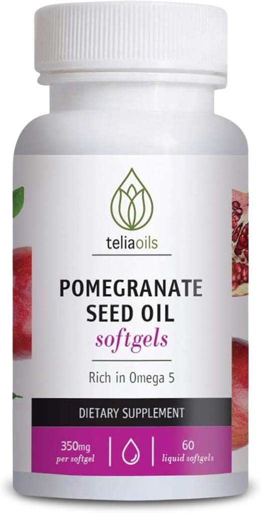 Teliaoils Romã Suplemento com óleo de linhaça – 60 líquidos Softgels – óleo de semente de romã prensado a frio para antioxidante e suporte da pele – Omega 5 & Polifenóis para homens e mulheres