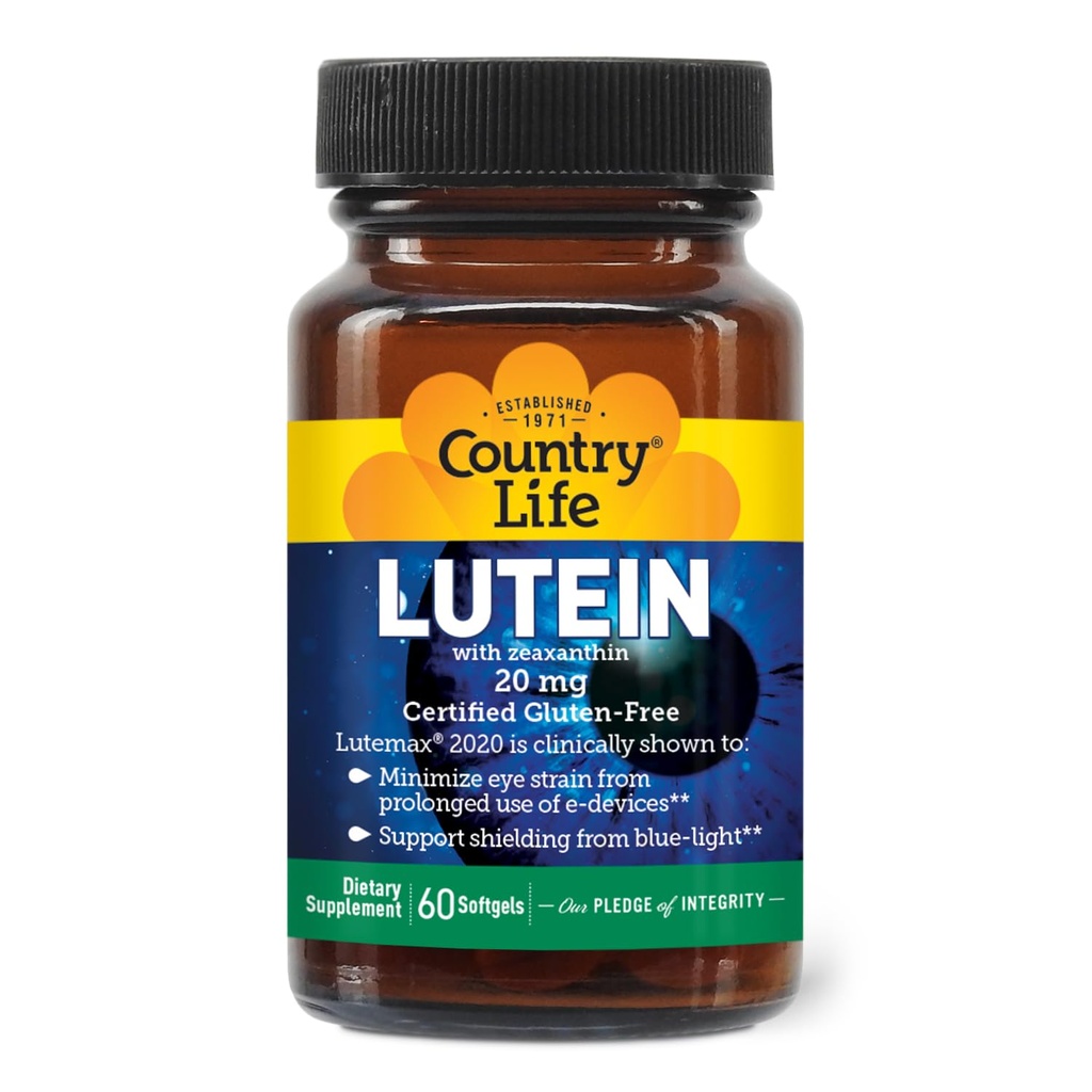 Country Life Lutein 20 mg Suplemento - Certificado sem glúten - Apoio à saúde ocular com Lutein e Zeaxantina - Reduz a tensão ocular de telas - Sem levedura, milho, trigo, leite - 60 Softgels