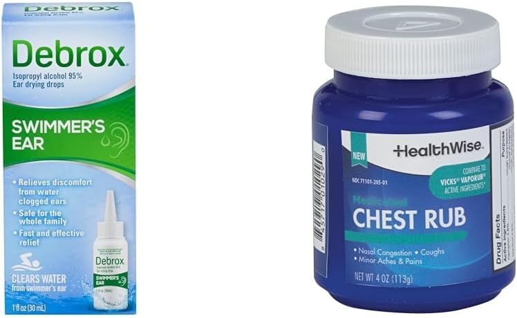 Debrox Swimmer's Ear Drops, 1 Fl Oz e HealthWise Medicated Chest Rub, 4 onças. Pacote