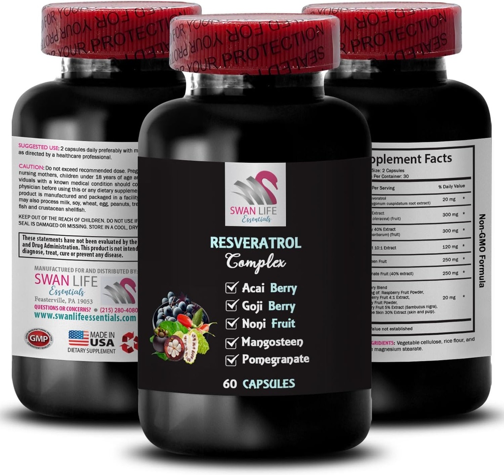 Berry Superfoods - RESVERATROL COMLEX - Poderosos antioxidantes, Estilo de vida equilibrado, Energia saborosa, Força Acai Berry, Noni Blend, Benefícios Berry, Balanço de hidratação, Refrescante 1 Garrafa 60 Caps