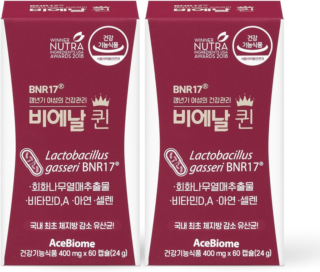 Bnr Queen, Suporte Menopausal Probiótico para Mulheres, 10 bilhões de UFC Garantido, Lactobacillus gasseri BNR17, 60 cápsulas x 2 embalagens