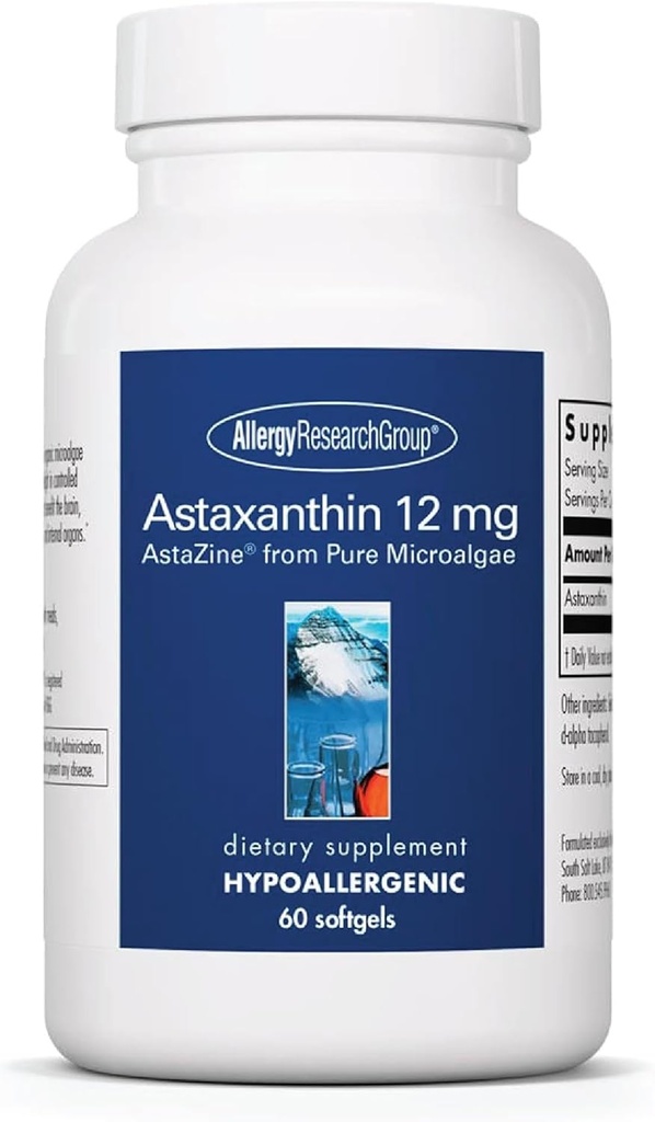 Grupo de Pesquisa em Alergia Astaxantina 12mg Suplemento - de Microalgas Orgânicas, Saúde dos Olhos, Astaxantina AstaZine, Antioxidante Natural, Saúde da Pele, Apoio à Função Cérebro, Softgels - 60 Contagem