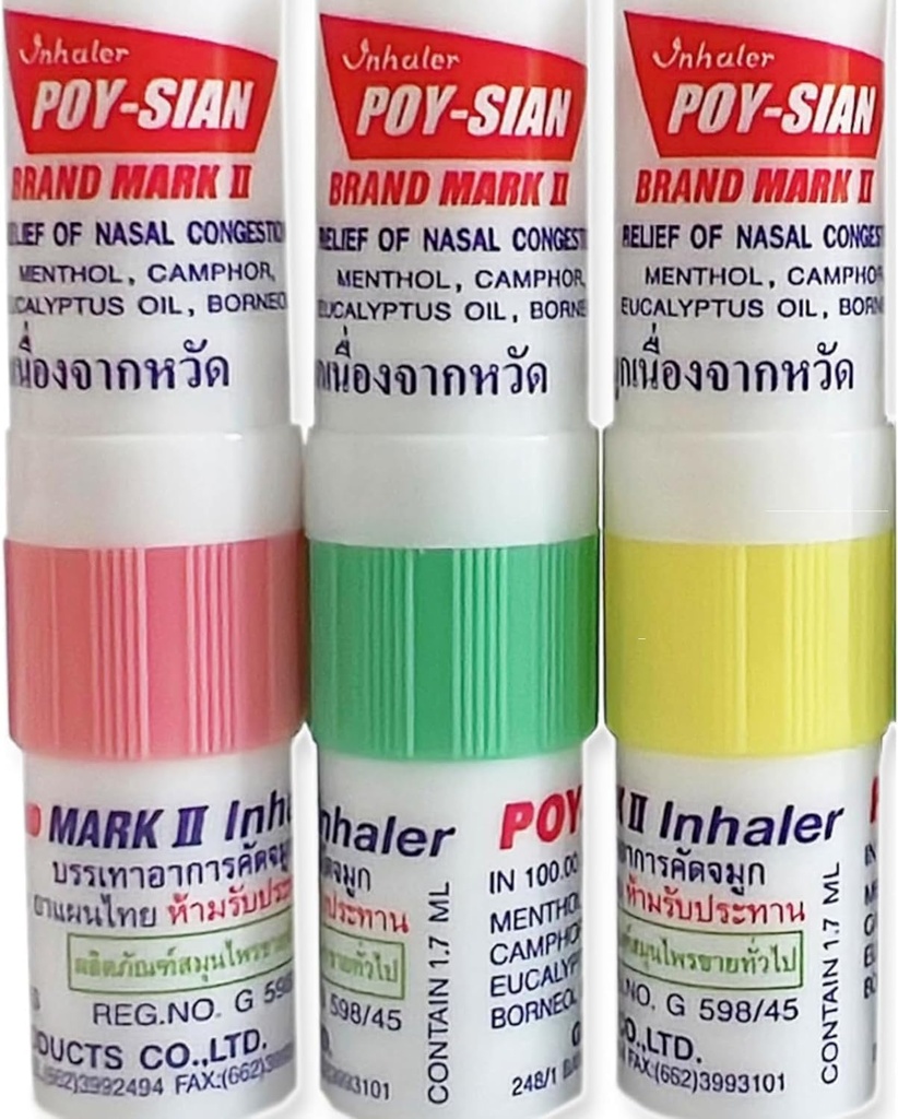 POY-SIAN Mark II Menthol Aromaterapia Inalador nasal, Remédio de ervas naturais com Óleos Essenciais de Refrigeração Poysian (Pacote de 3)