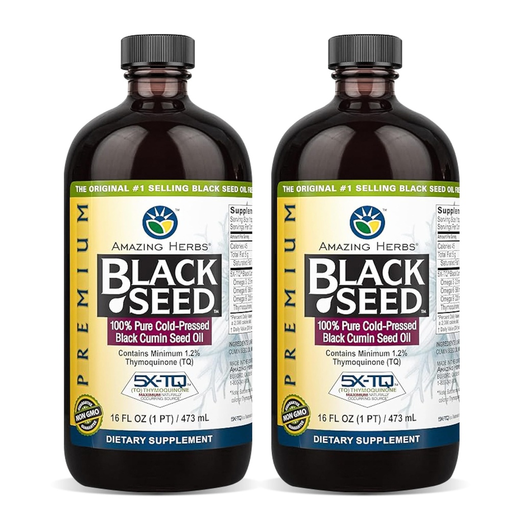 Amazing Herbs Premium Black Seed Oil - Gluten Free, Non GMO, Frio Pressed Nigella Sativa Aids em Saúde Digestiva, Suporte Imune, Função Cérebro - 16 Fl Oz (Pack of 2)