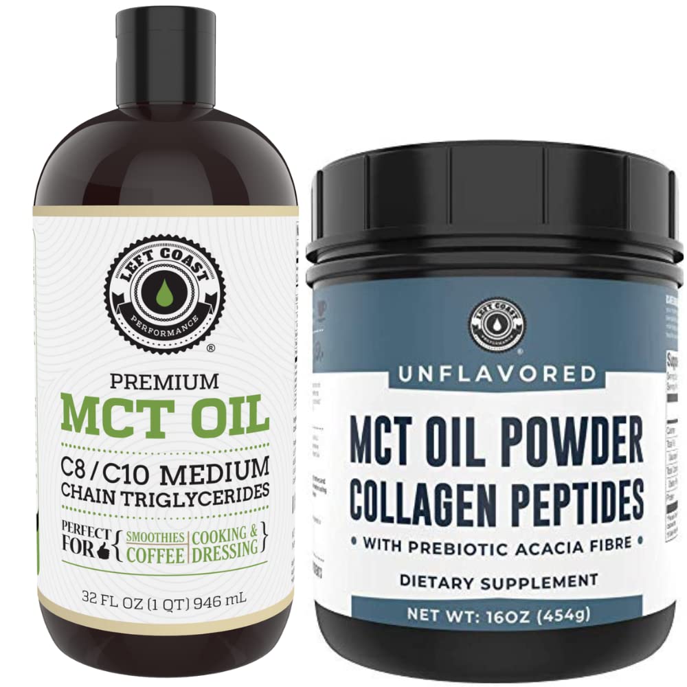 Desempenho Costa Esquerda MCT Premium de 32 onças e MCT sem sabor de 16 onças + pó de colágeno