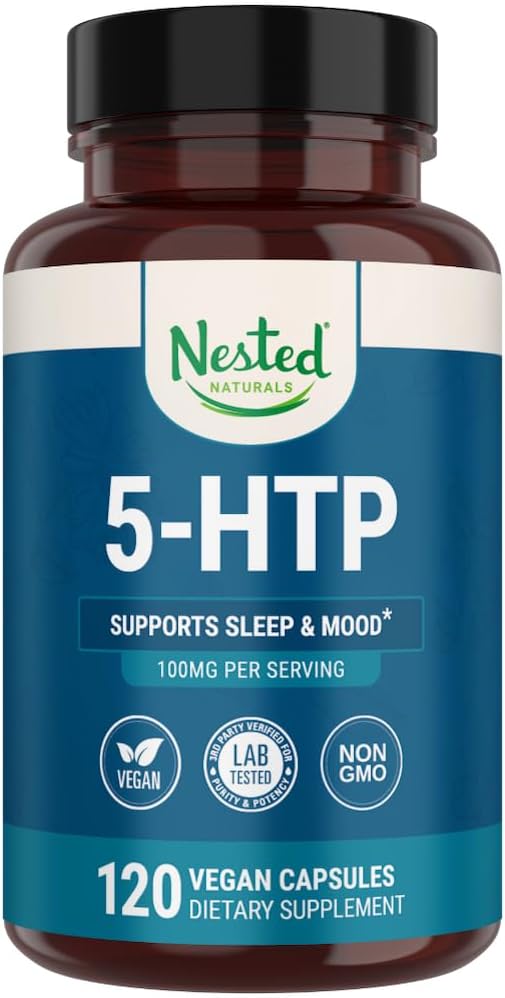 Aninhado Naturals 5-HTP 100 mg (5-hidroxitriptofano) - Apoio ao sono e ao humor - 5HTP Suplemento para Serotonina Naturalmente Fonte - 120 Não-GMO, Cápsulas Vegan