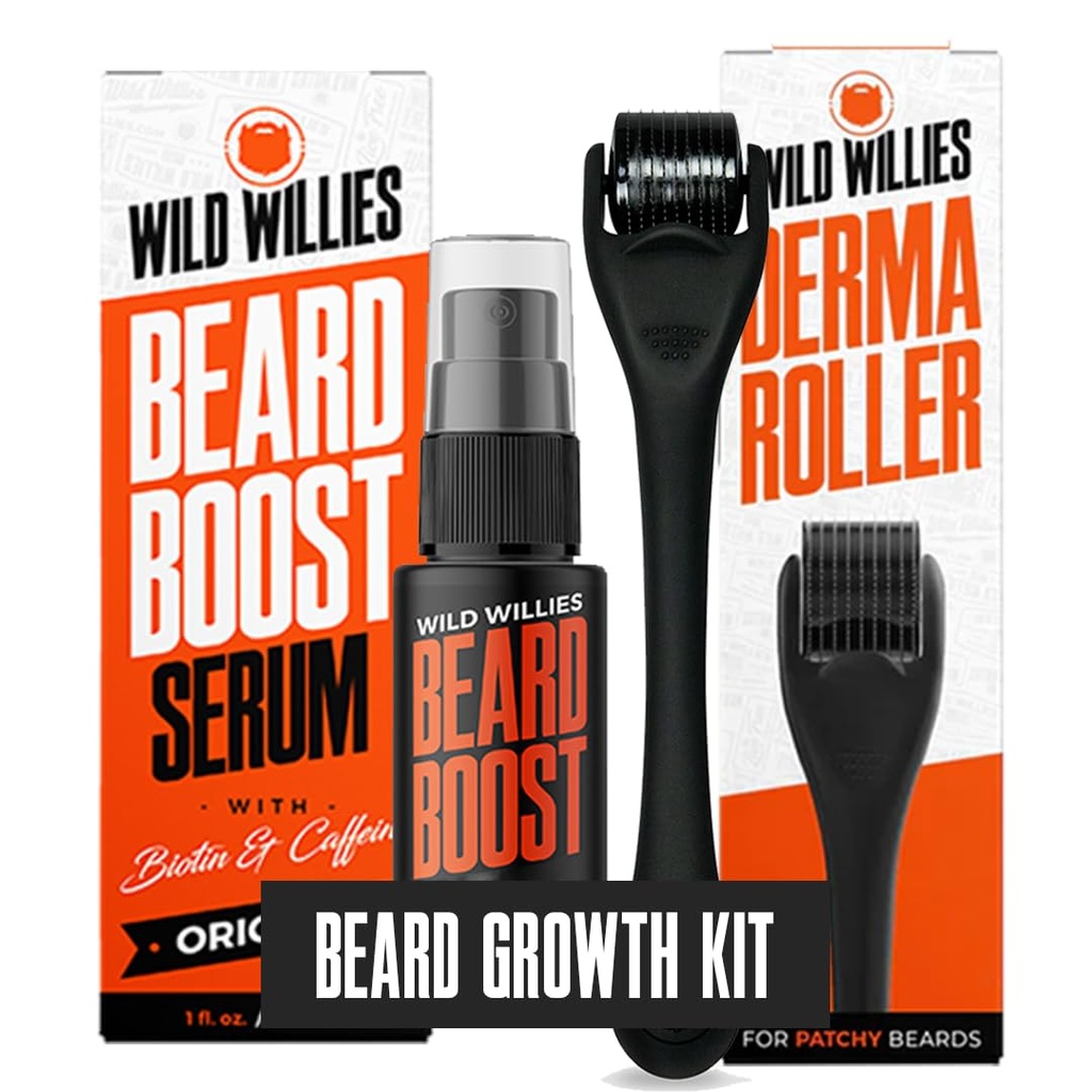 Wild Willies Beard Growth Kit - Premium Derma Roller & Beard Boost Serum - Microneed Roller & Beard Hair Growth Serum com Biotina e Cafeína para Barba Fuller, Scalp Care - Kit Fácil de Usar com Caso