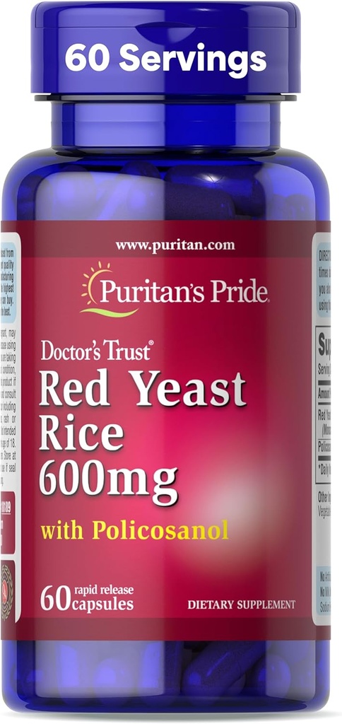 Puritans Pride Doctors Trust® Red Yeast Rice 60mg com Policosanol, Suplemento Dietário, 60 Cápsulas de Libertação Rápida