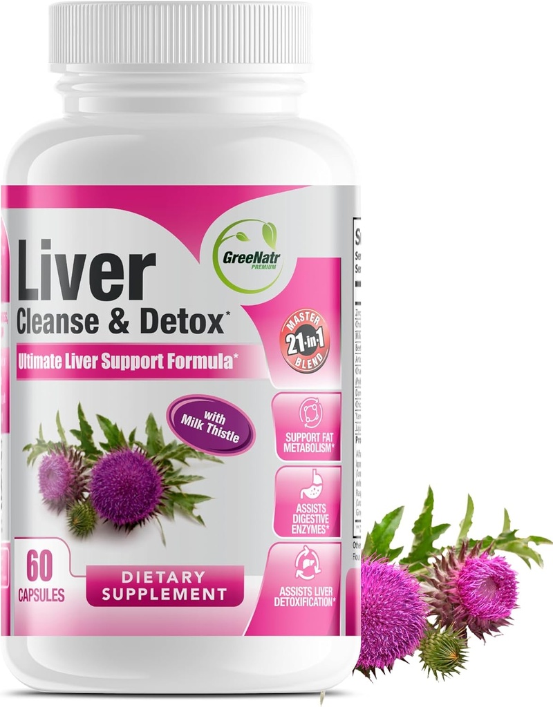 GreeNatr Fígado Cleanse Detox & Repair Formula - Cardo de Leite, Berberina, Ginger, Raiz de beterraba, Raíz de dente-de-leão, Extrato de alcachofra e Chanca Piedra para suporte de saúde do fígado ideal (1 garrafa)