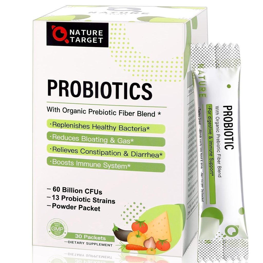 NATUREZA TARGET Probióticos para Mulheres-Men-Men-Kids Pó Probiótico 60 bilhões de UFC 13 Strains - Prebióticos e Probióticos para Saúde Digestiva, prateleira estável, não-GMO, Gluten Free 30 Packets