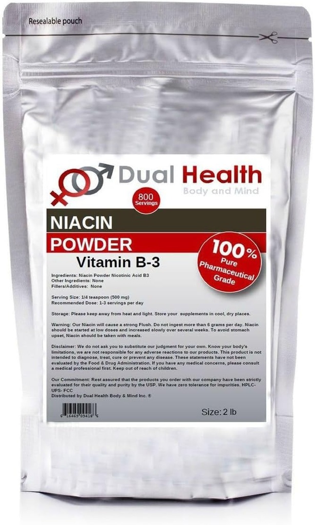 Niacin Powder (2 lbs) Vitamina B3 Bulk Supplement Release Imediato Niacin with Flush Nicotinic Acid Non-GMO, Vegan, Gluten Free Company Fast Absorção Sem OGM, Enchimentos, Aditivos ou metais pesados