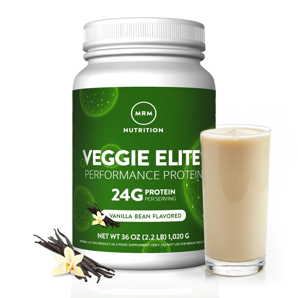 MRM Nutrition Veggie Elite Performance Protein . Vanilla Bean Flavored . Proteína baseada em plantas . Fácil de digerir . com BCAAs . Vegan + Gluten-Free . Clinicamente testado .
