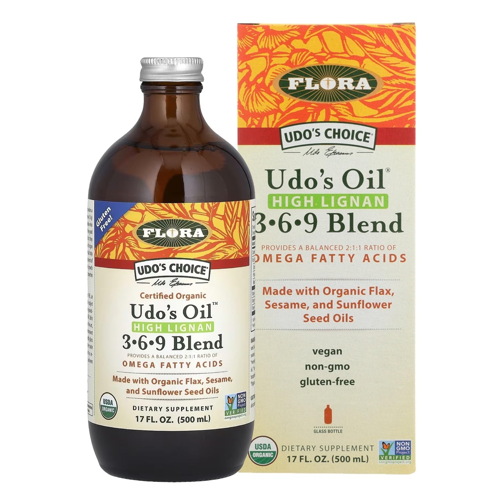 Flora - Udo's Choice High-Lignan 369 Omega Oil Blend, Udo's Oil Balanced 2:1:1 Razão de ácidos gordos Ômega, feito com Flax Orgânico, Sésamo e Óleos de Sementes de Girassol, 17 onças. Frasco de vidro
