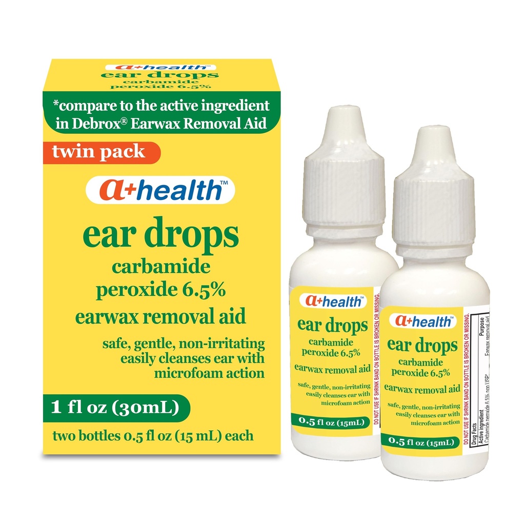 A+Health Earwax Removal Drops, Carbamida Peróxido 6,5%, Made in USA, Twin Pack, 1 fl Ounce (Dois frascos de 0,5 fl oz)