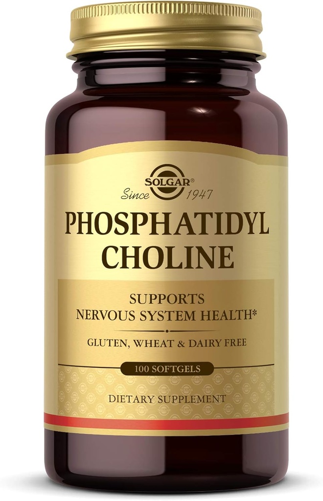 Solgar Phosphatidilcolina, 100 Softgels - Promova Função Cognitiva Saudável - Derivada de Lecitina - Contém Colina para Neurotransmissor Acetilcolina - Glúten Livre, Leite Livre - 50 Servimentos