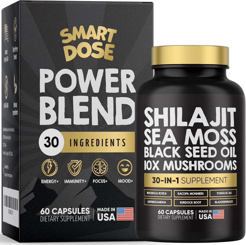 Power Blend Cápsulas - 30-in-1 Suplemento Pacote com Shilajit 6000mg, Sea Moss 4000mg, Black Seed Oil 4000mg, Ashwagandha 2000mg, 10x cogumelos, Tongkat Ali, Maca, Holistic Pills Combo