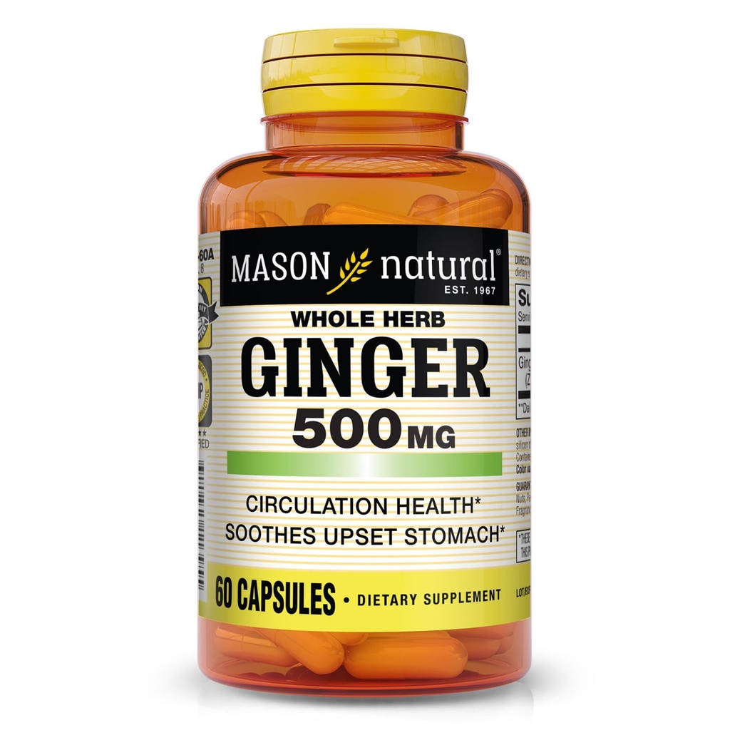 MASON NATURAL Herb inteiro Ginger 500 mg, 2 meses de fornecimento, Suplemento de ervas naturais, 60 cápsulas
