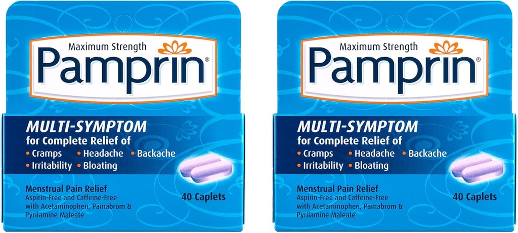 Fórmula multi-sintomas de Pamprina, com acetaminofeno, alívio dos sintomas do período menstrual, incluindo cãibras, dor, irritabilidade e inchaço, 40 Caplets (Pacote de 2)