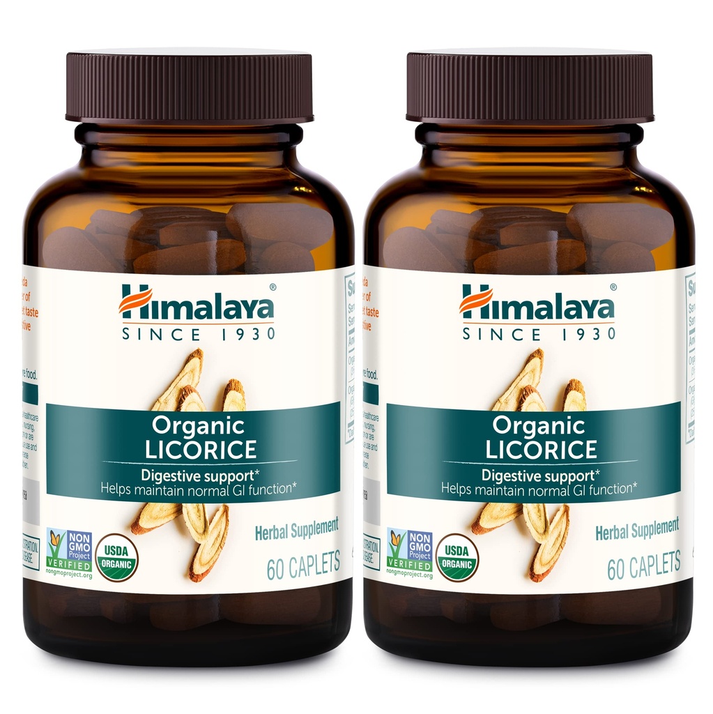 Himalaia Alcaçuz Orgânico, Fornecimento de 120 dias - Suplemento de Saúde Digestiva para Estômago Chateado, Ocasional Bloating e Azia - USDA Orgânico, Vegan, Não-GMO, Não-DGL, Gluten Free, 60 Caplets, 2 Pack