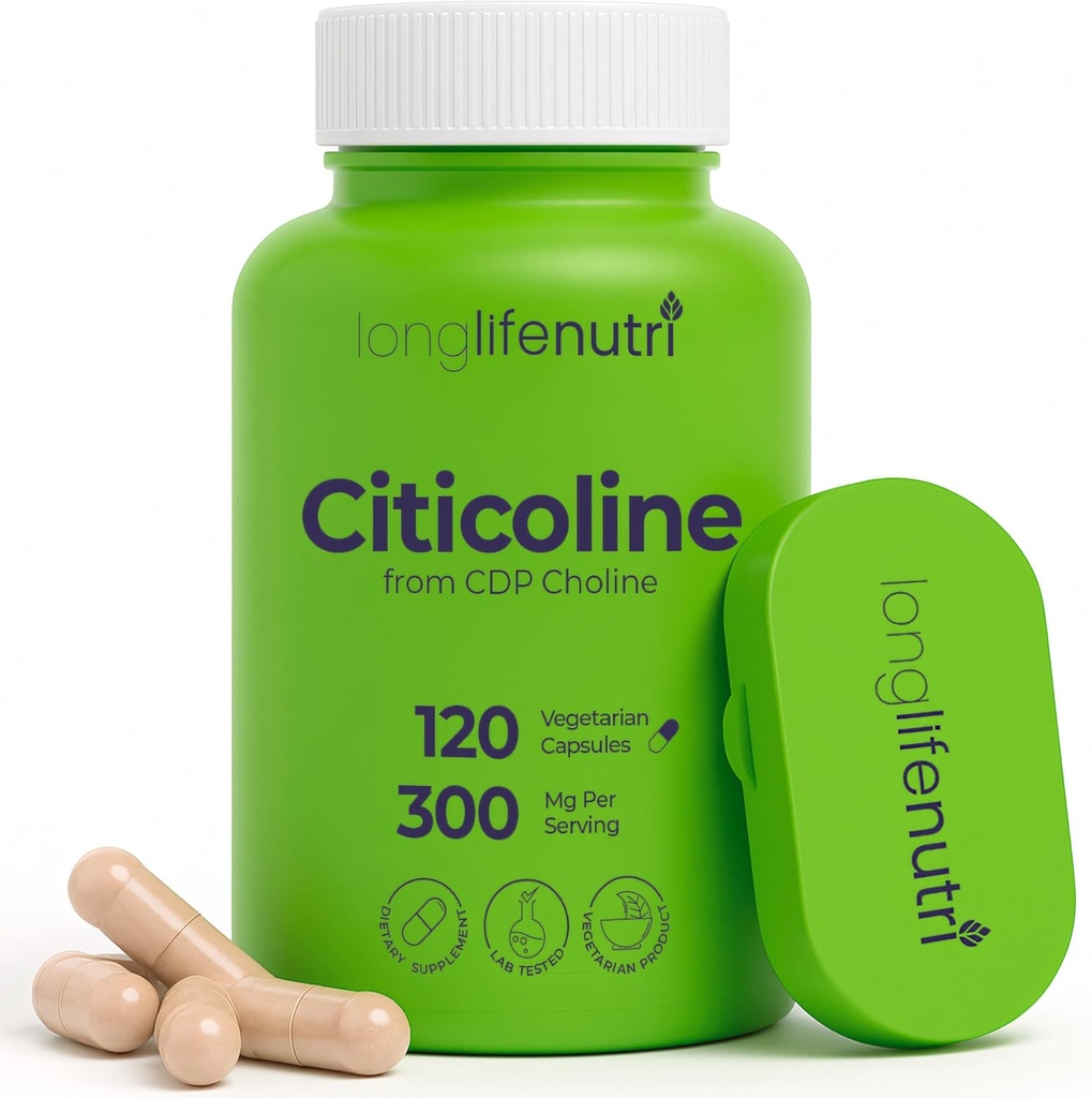 LongLifeNutri Citicoline (CDP-Choline) 300 mg, 120 Cápsulas Vegetarianas, Fornecimento de 4 meses, Certificado GMP, Made in USA