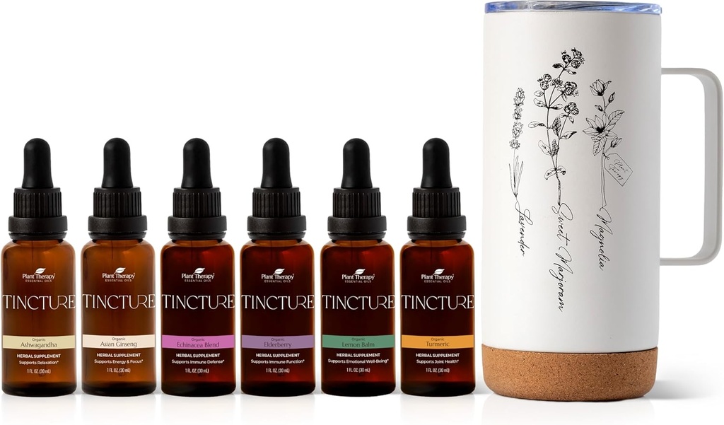 Plant Therapy Total Tinture Package Inclui 30 mL Cada um de Ashwagandha orgânica, Ginseng asiático, Echinacea Blend, Elderberry, Lemon Balm, Turmeric & Travel Mug