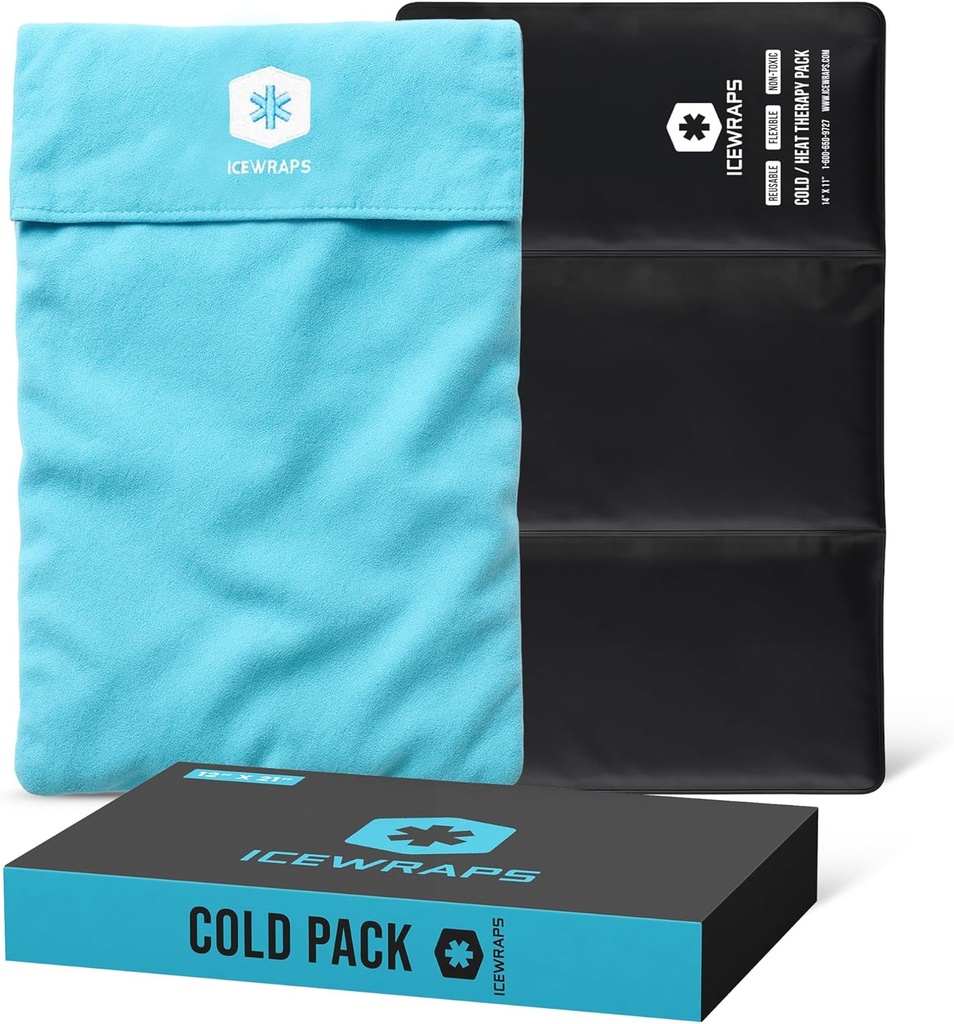 ICEWRAPS 12 "x21" Pacote de gelo extra grande reutilizável com capa de tecido macio - Multipurpose flexível terapia de argila pacotes de gelo para inchaço do joelho e costas, e alívio da dor crônica, pacote frio ajustável