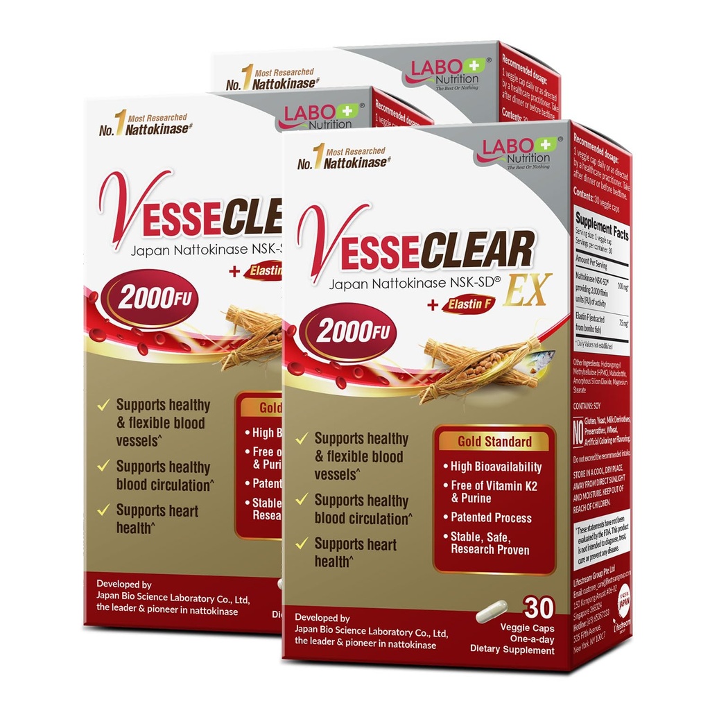 LABO Nutrition Vesseclear EX: Nattokinase NSK-SD+Elatina F para vaso sanguíneo limpo e flexível. Japão mais estudado clinicamente, dose funcional, resistente a ácido / cápsulas de libertação tardia, 90 contagem