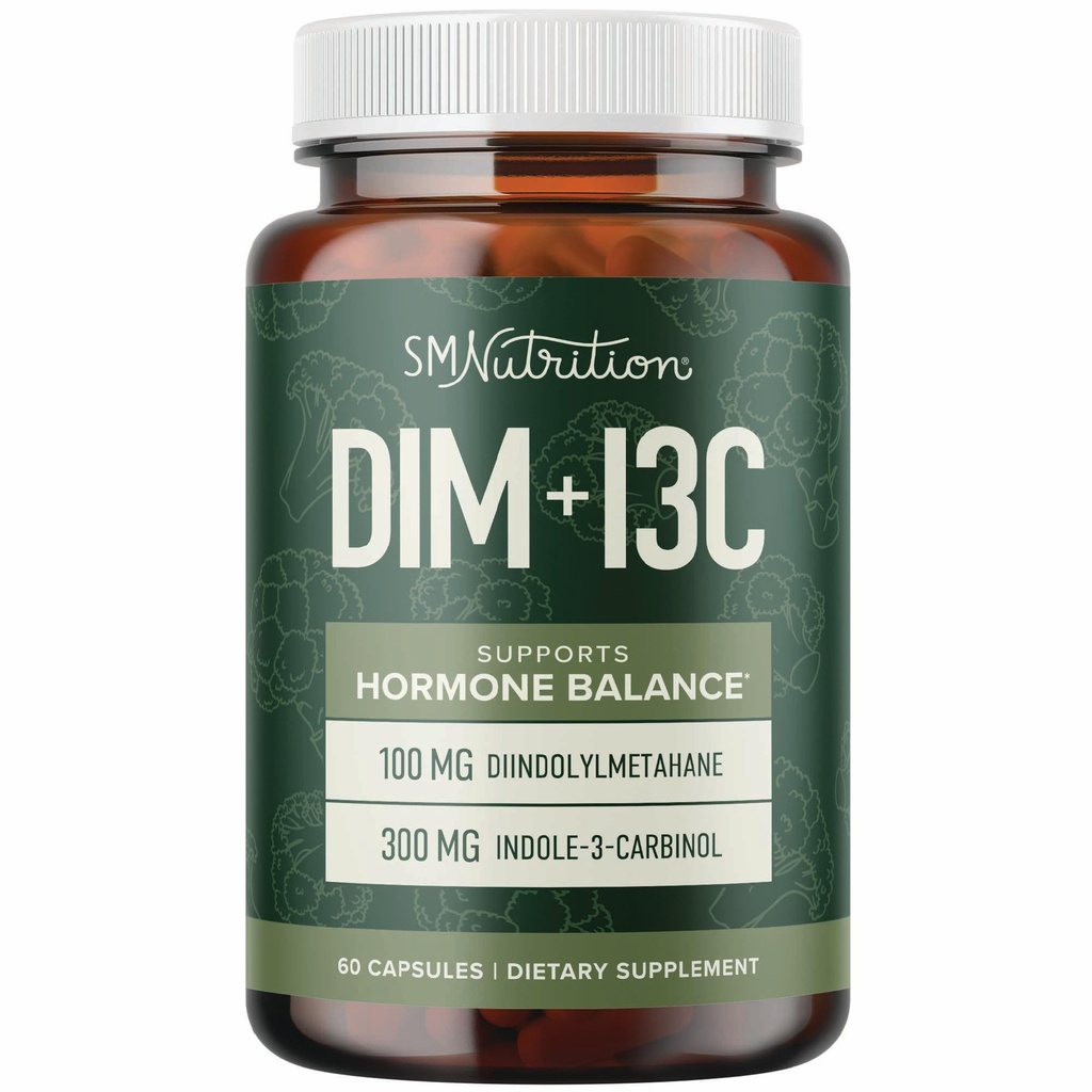 DIM & Indole 3 Carbinol para o equilíbrio hormonal para as mulheres e homens Complexo I3C, equilíbrio estrogênico, suplementos de menopausa para a saúde da mulher, antioxidantes Vegan, Não-GMO, Sem glúten SMNutrition 60 Ct.