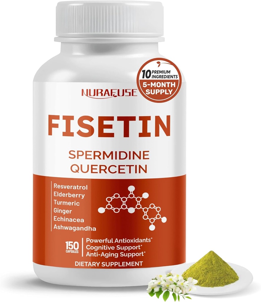 Fisetin 10-em-1 Fórmula - com Permidina Quercetin Resveratrol, Elderberry, Azevinho não-GMO, Sem glúten, Sem soja