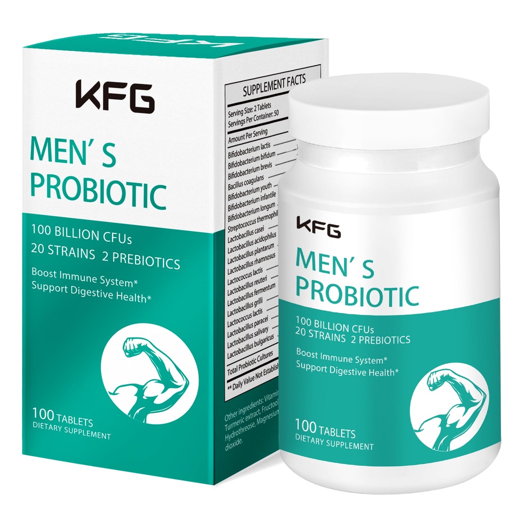Suplemento probiótico KFG 100 bilhões de UFC, 20 Strains, 2 Prebióticos e Enzimas Digestivas, Suporta Digestão, Suporte Imune, Gut Saúde e Metabolismo, Não-GMO, Gluten & Soy Livre, 100 Comprimidos