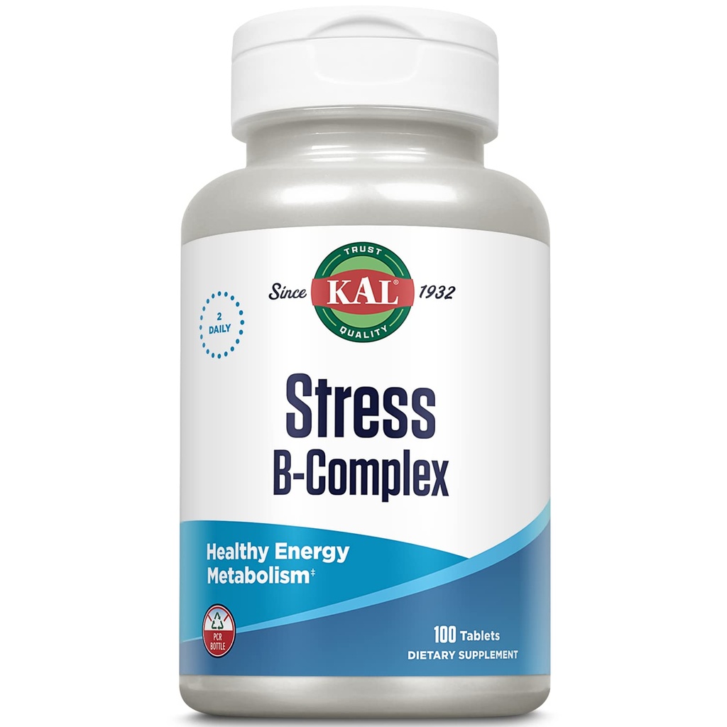 KAL Stress B suplemento complexo de vitamina, complexo de vitamina B para energia, estresse, formação de células sanguíneas vermelhas e apoio imunológico, com vitamina B12, B6 e ácido fólico, 60 dias de garantia, 50 Serv, 100 comprimidos