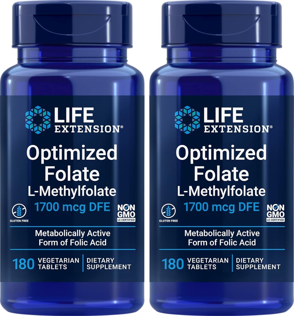 Extensão de vida Folato otimizado (L-Metilfolato) 1700 mcg DFE, 180 comprimidos de Veg (Pacote de 2)