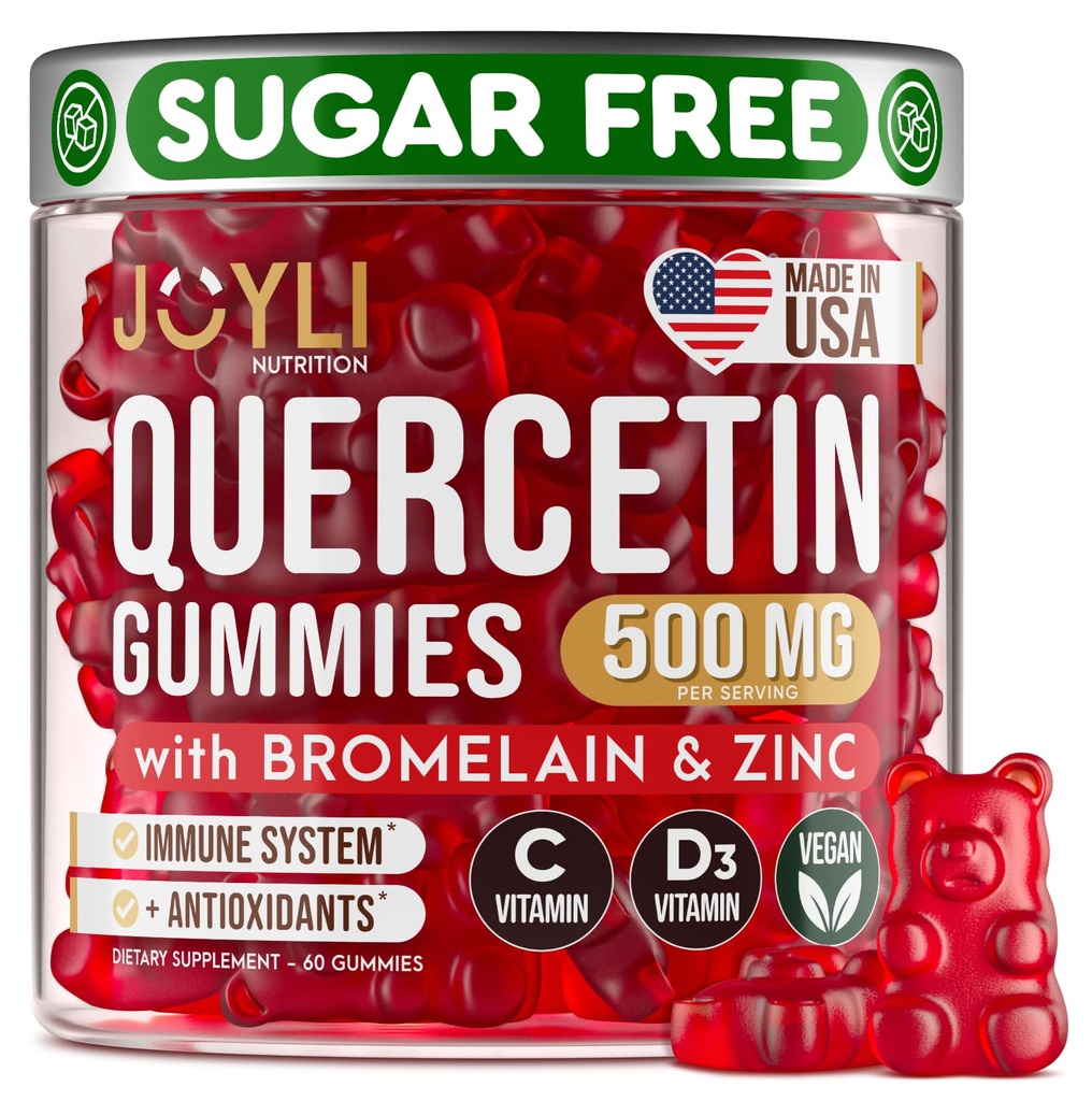 JOYLI Quercetin Gummies - Quercetin com bromelaína Zinc Vitamina C & Vitamina D3 - Quercetin Suplemento 500MG para sistema imunológico e alergia - Quercetin para crianças e adultos - 60 Quercetin Chewable