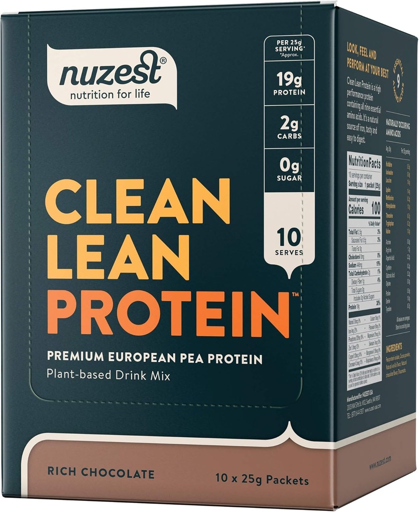 Nuzest - Pó de proteína de ervilha - Clean Lean Protein, Premium Vegan Plant Based Protein Powder, Dairy Free, Gluten Free, GMO Free, Protein Shake, Chocolate rico, 0,9 onças, (Pacote de 10)