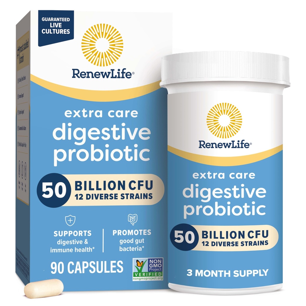 Renew Life Extra Care Probiótico Cápsulas Digestivas, 50 bilhões de UFC Garantidos, Suplemento diário Suporta Imune, Digestivo, Saúde Respiratória(1), L. Rhamnosus GG, Dairy, Soy and Gluten-Free, 90 Count