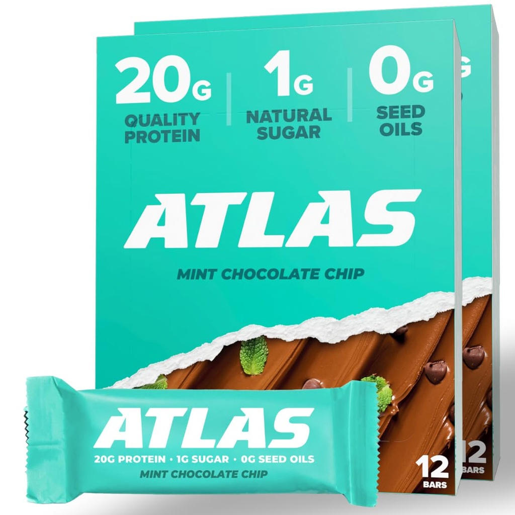Atlas Protein Bar, 20g Protein, 1g de açúcar, Ingredientes limpos, Sem glúten, Batata de chocolate de hortelã (12 Count, Pack of 2)