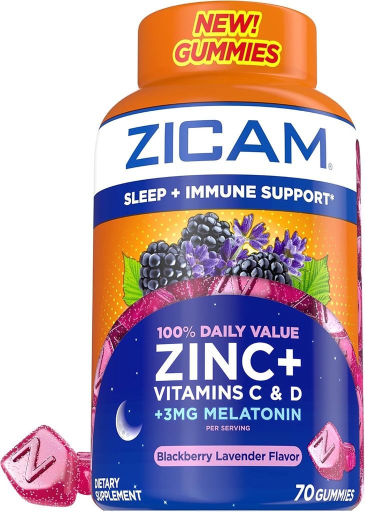 Zicam Sleep + Suporte Imune. Zinco, Gummy Supplement, BlackBerry Lavender Sabor, Vitamina C e Vitamina D, 3mg Melatonina por serviço, 70 Count